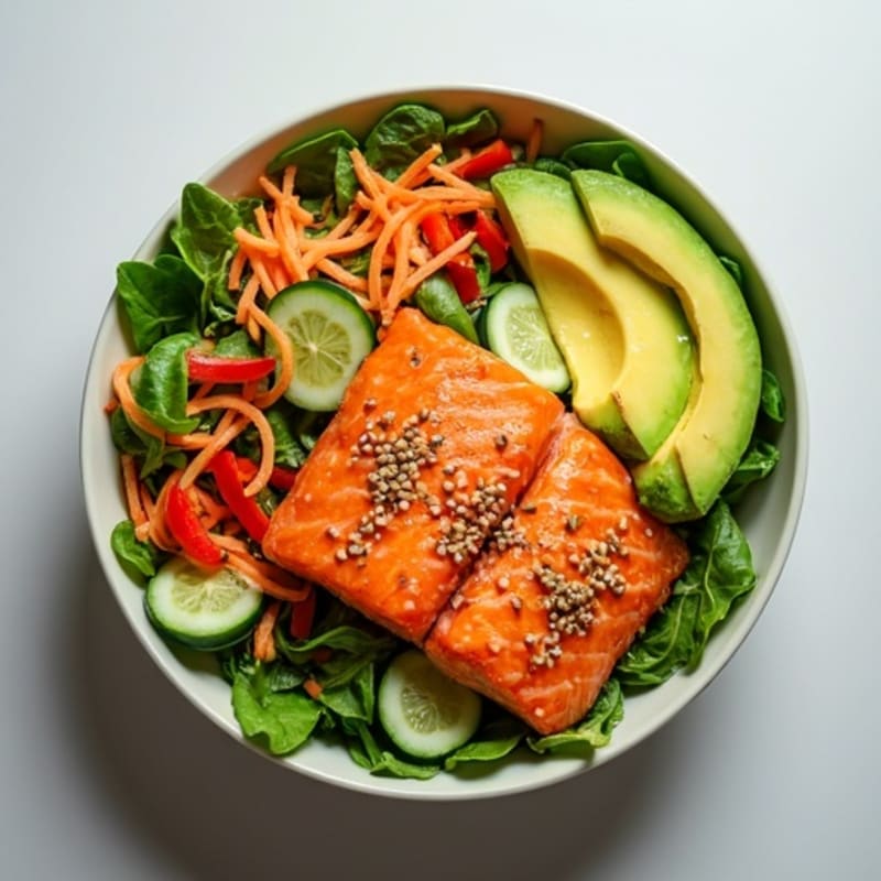 Salmon Fresh Bowl with Creamy Avocado and Crunchy Vegetables