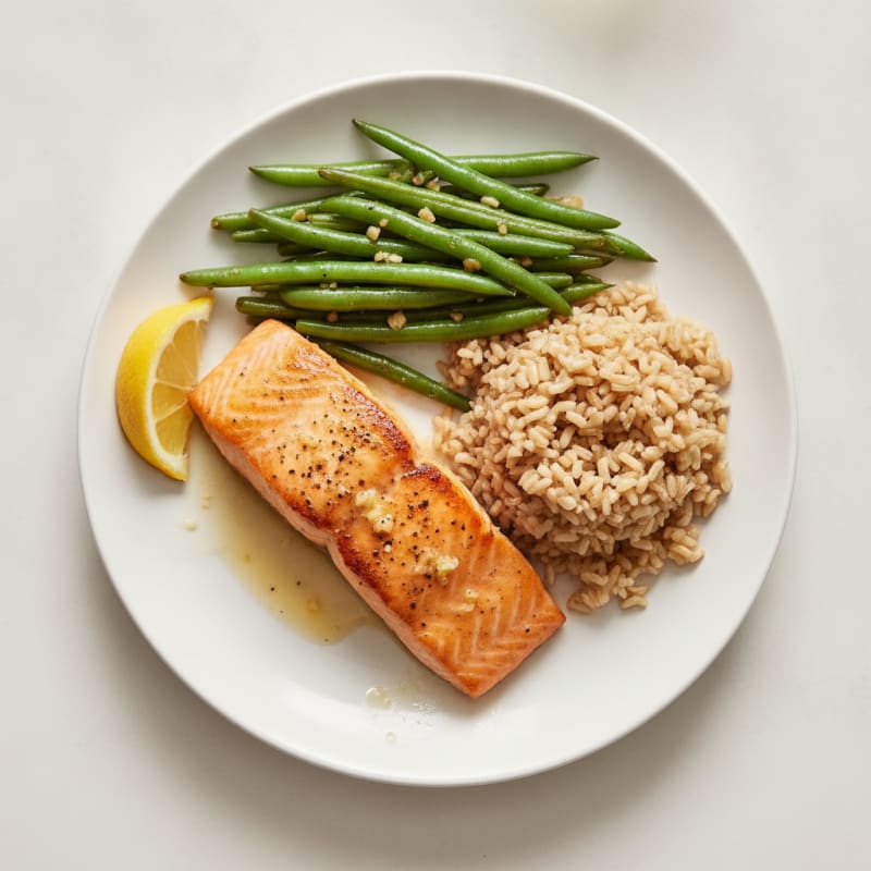 Seared Salmon Fillet with Garlic Green Beans and Brown Rice