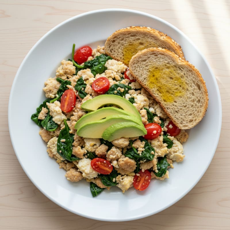 Egg White and Turkey Sausage Scramble with Spinach and Tomatoes
