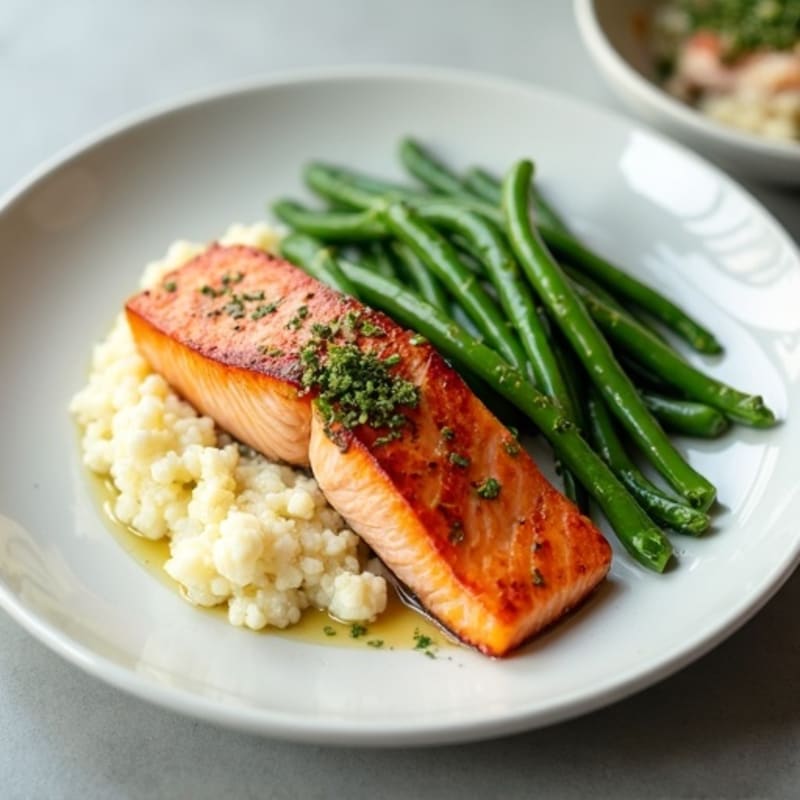 Seared Salmon with Steamed Green Beans and Garlic Cauliflower Mash