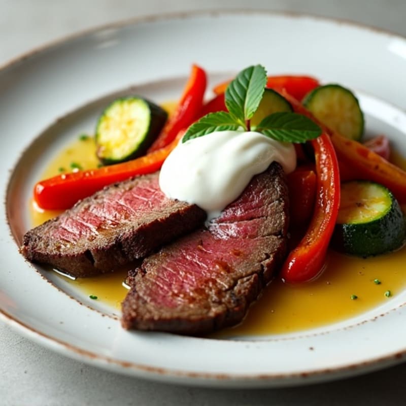 Seared Beef Strips with Sautéed Zucchini and Bell Peppers