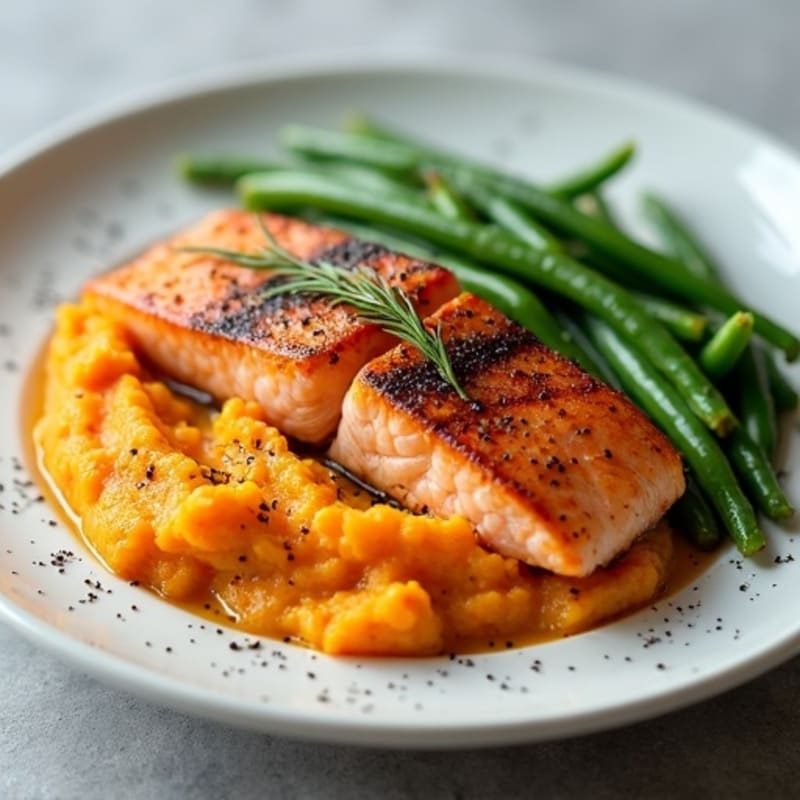 Seared Salmon with Steamed Green Beans and Sweet Potato Mash