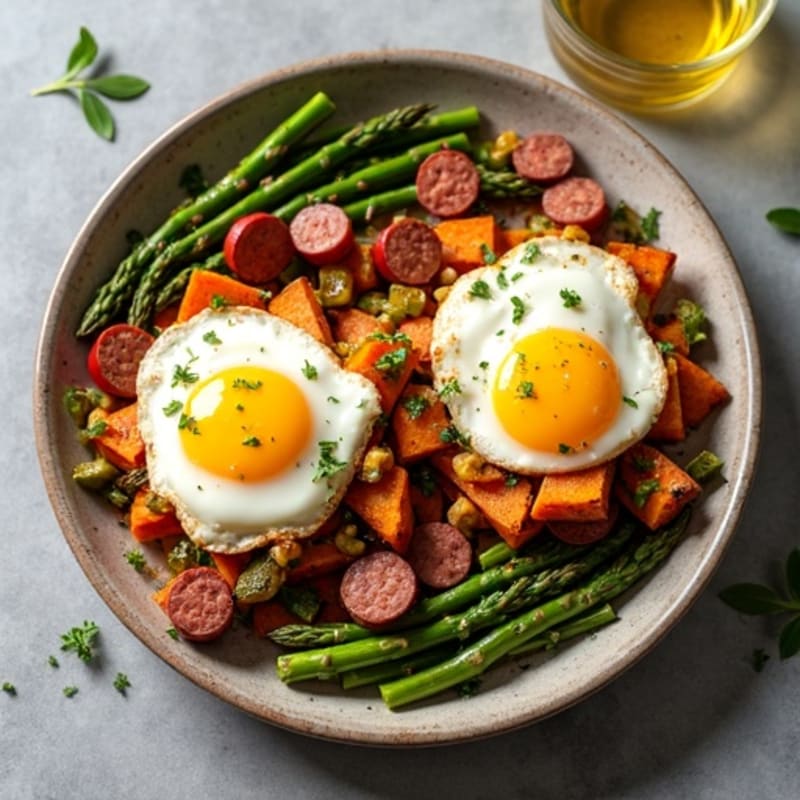Sheet Pan Baked Eggs with Roasted Asparagus and Sweet Potato Hash