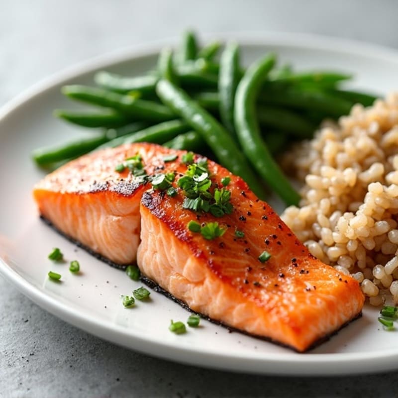 Seared Salmon Fillet with Steamed Green Beans and Brown Rice