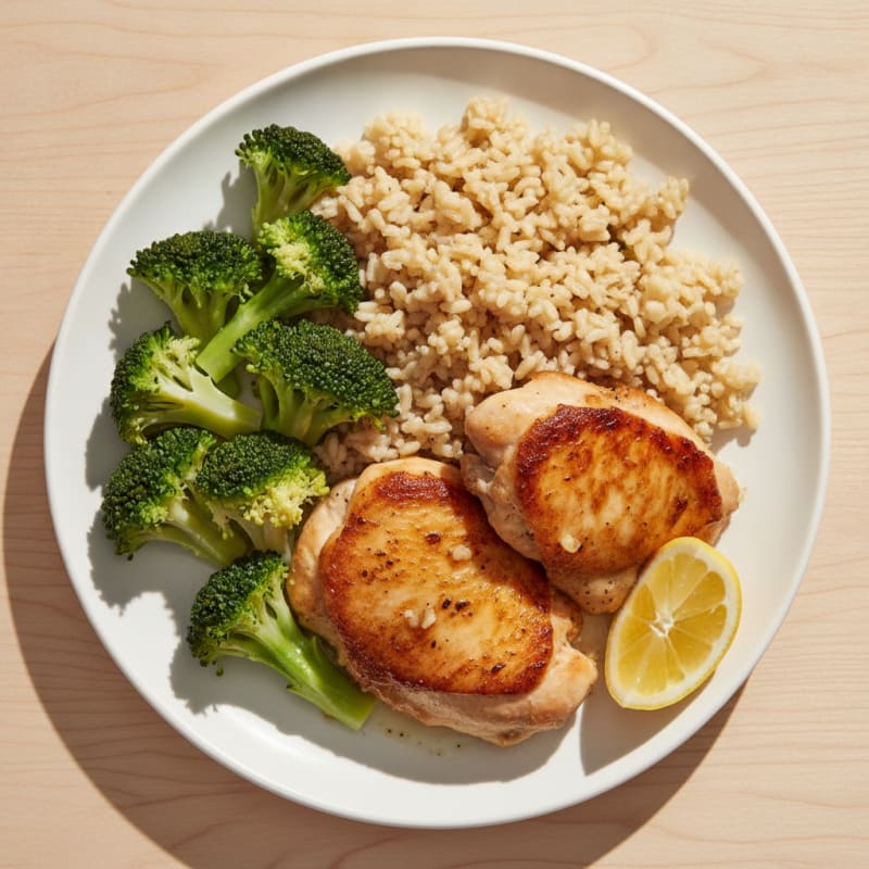 Seared Chicken Thighs with Steamed Broccoli and Brown Rice