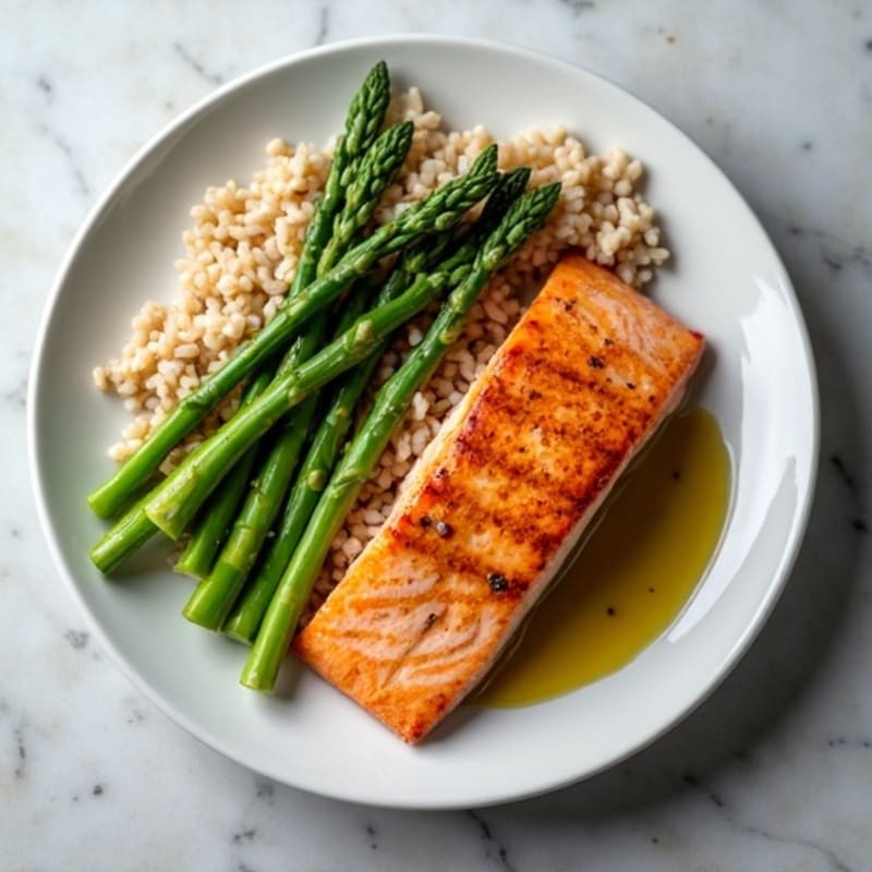 Seared Salmon with Steamed Asparagus and Brown Rice