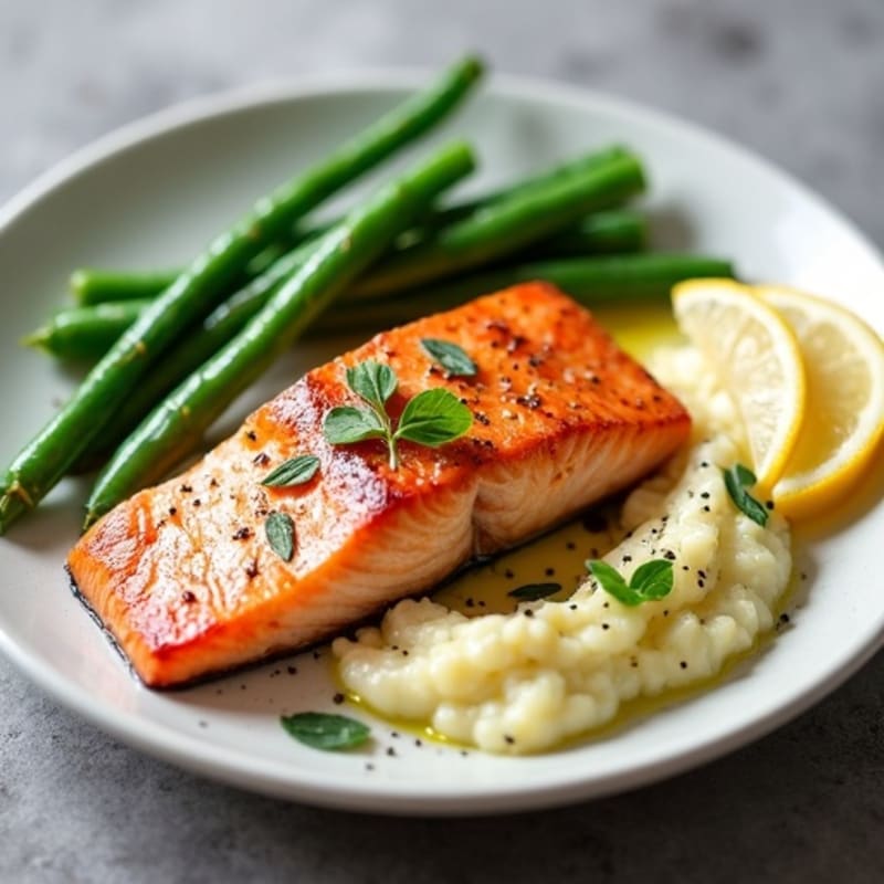 Seared Salmon with Garlic Green Beans and Cauliflower Mash