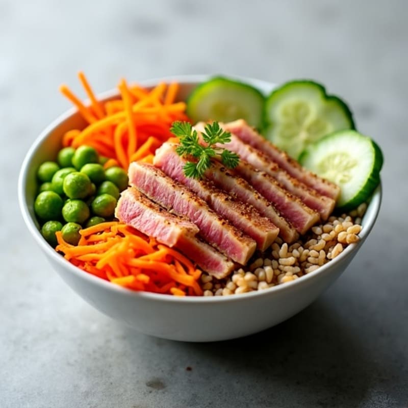 Fresh Sesame Ginger Tuna Bowl with Crisp Vegetables and Brown Rice