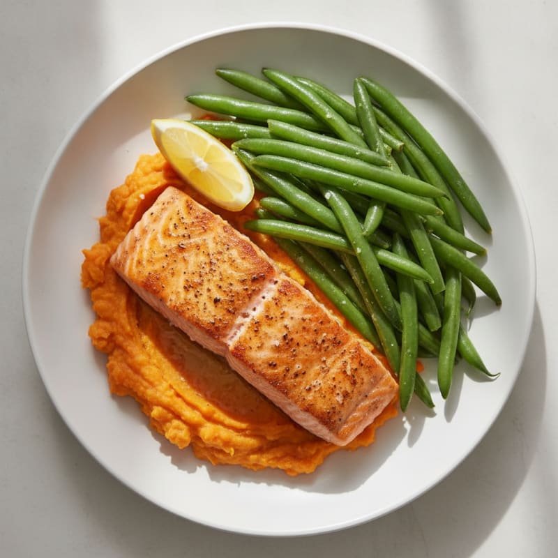 Seared Salmon with Steamed Green Beans and Sweet Potato Mash
