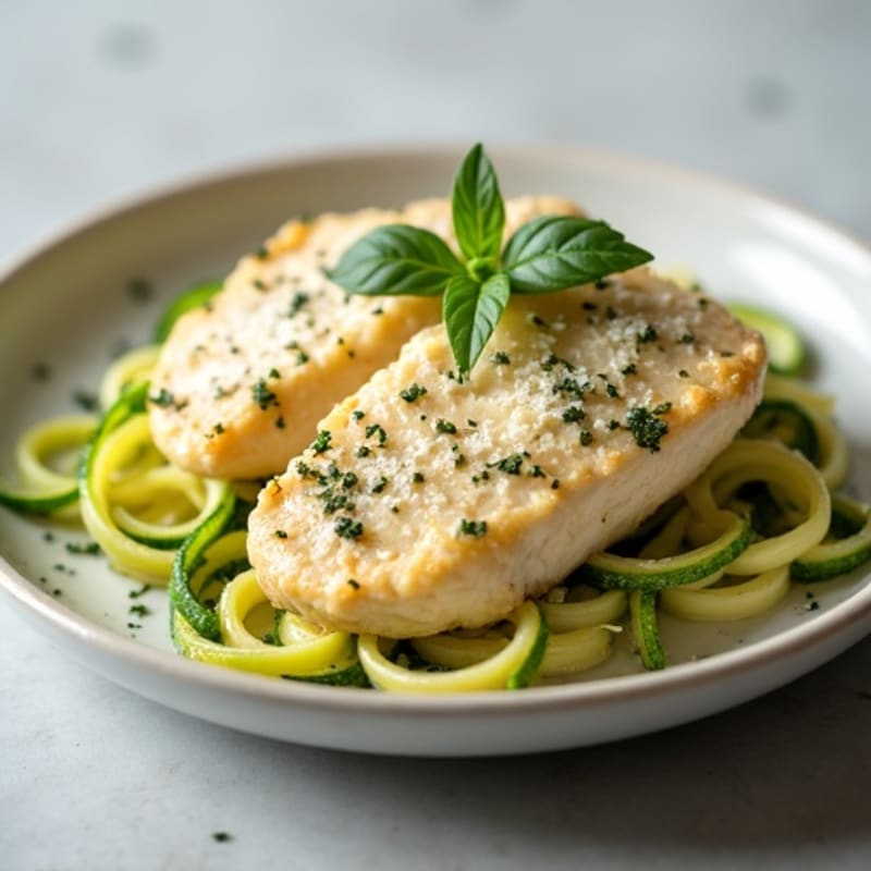 Creamy Cauliflower Alfredo Chicken with Zucchini Noodles