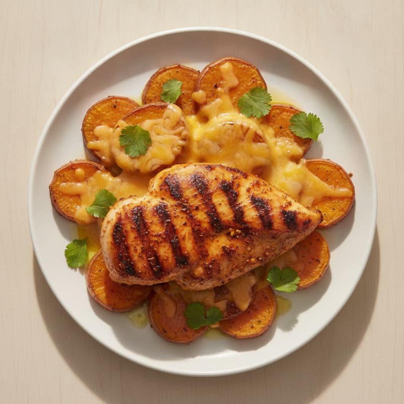 Grilled Spicy Chicken Breast with Roasted Sweet Potatoes and Melted Cheese