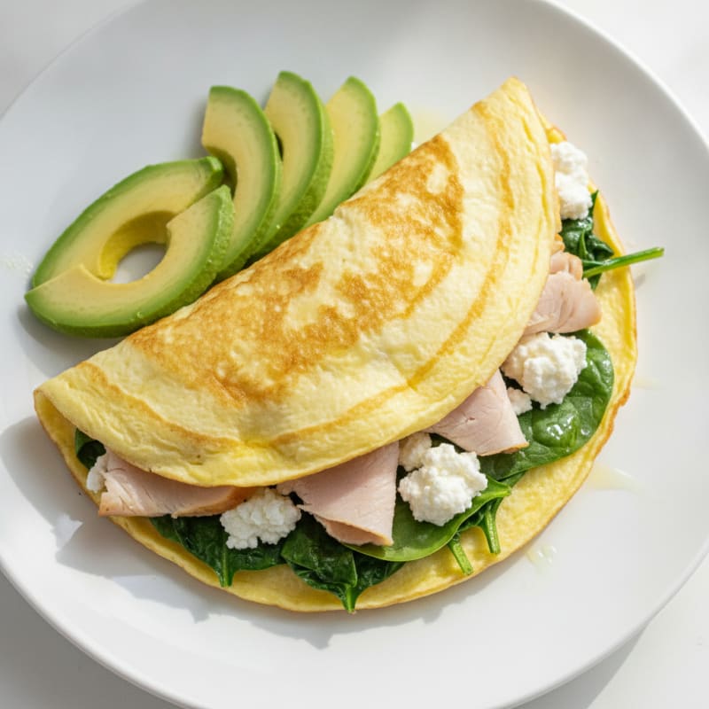Egg White Spinach Omelette with Cottage Cheese and Sliced Turkey