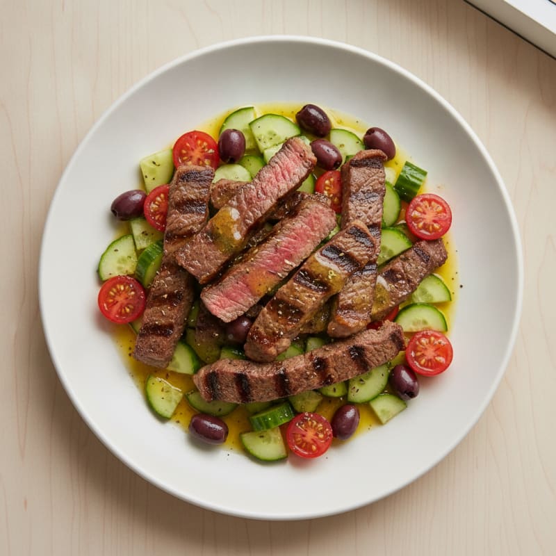 Grilled Beef Strips with Cucumber Tomato Salad and Olives