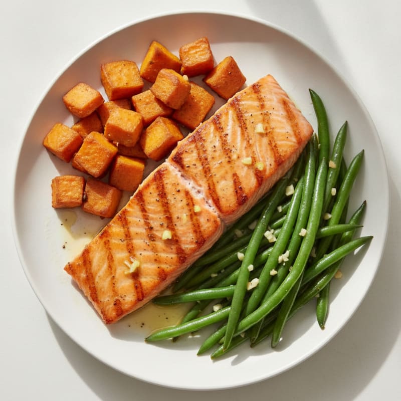 Seared Salmon Filet with Roasted Sweet Potato and Green Beans