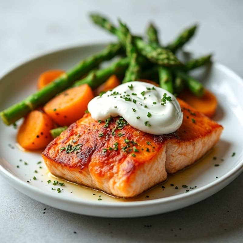 Seared Salmon Fillet with Roasted Sweet Potato and Asparagus