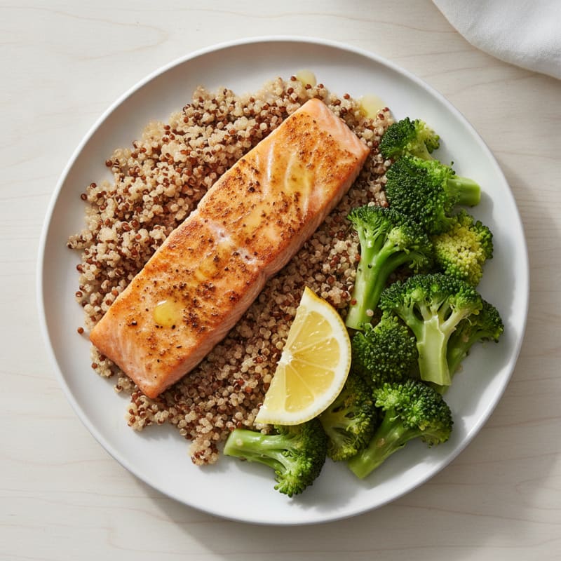 Seared Salmon Fillet with Roasted Quinoa and Steamed Broccoli
