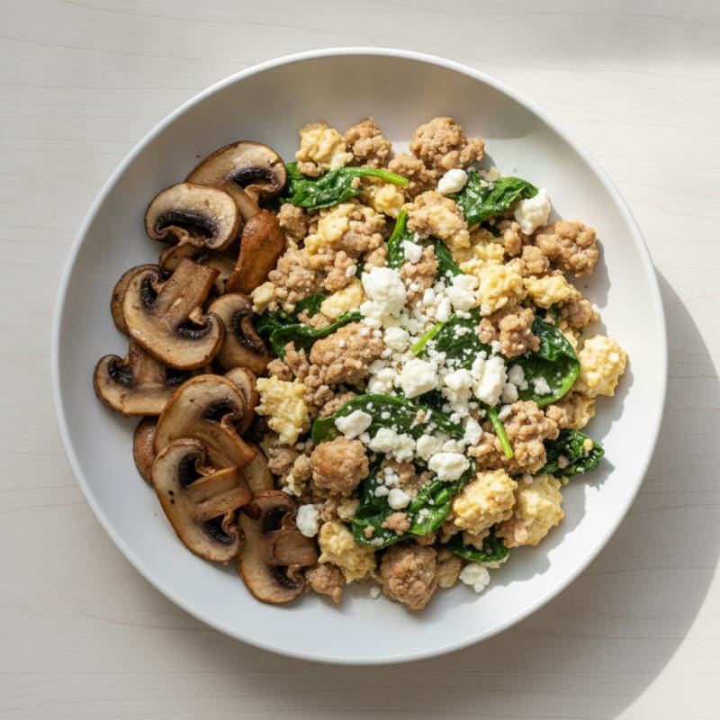 Egg White and Turkey Spinach Scramble with Sautéed Mushrooms