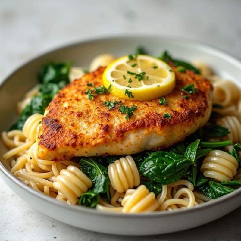 Crispy Lemon Garlic Chicken with Whole Wheat Pasta and Fresh Spinach