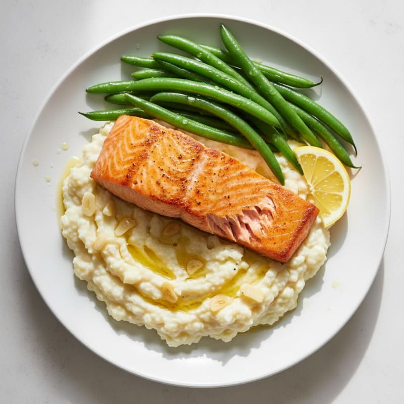 Seared Salmon with Steamed Green Beans and Garlic Mashed Cauliflower