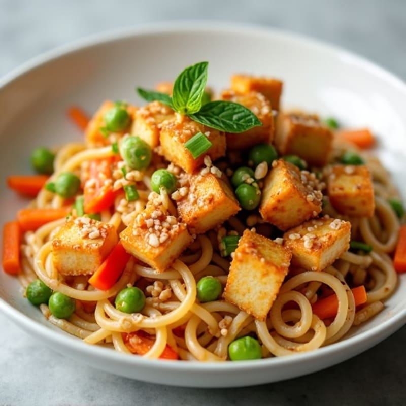 Creamy Vegan Thai Peanut Noodles with Crispy Tofu