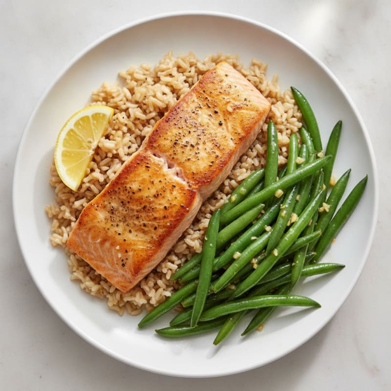 Seared Salmon with Garlic Green Beans and Brown Rice