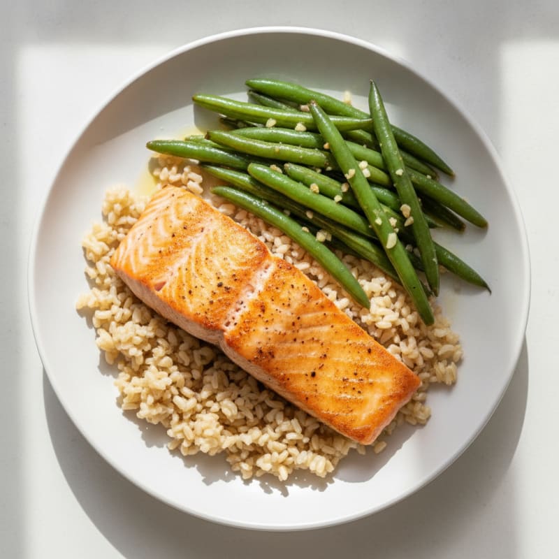 Seared Salmon Filet with Garlic Green Beans and Brown Rice