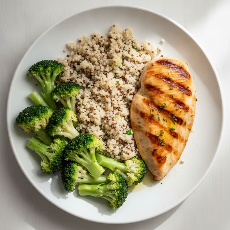 Grilled Chicken Breast with Steamed Broccoli and Quinoa