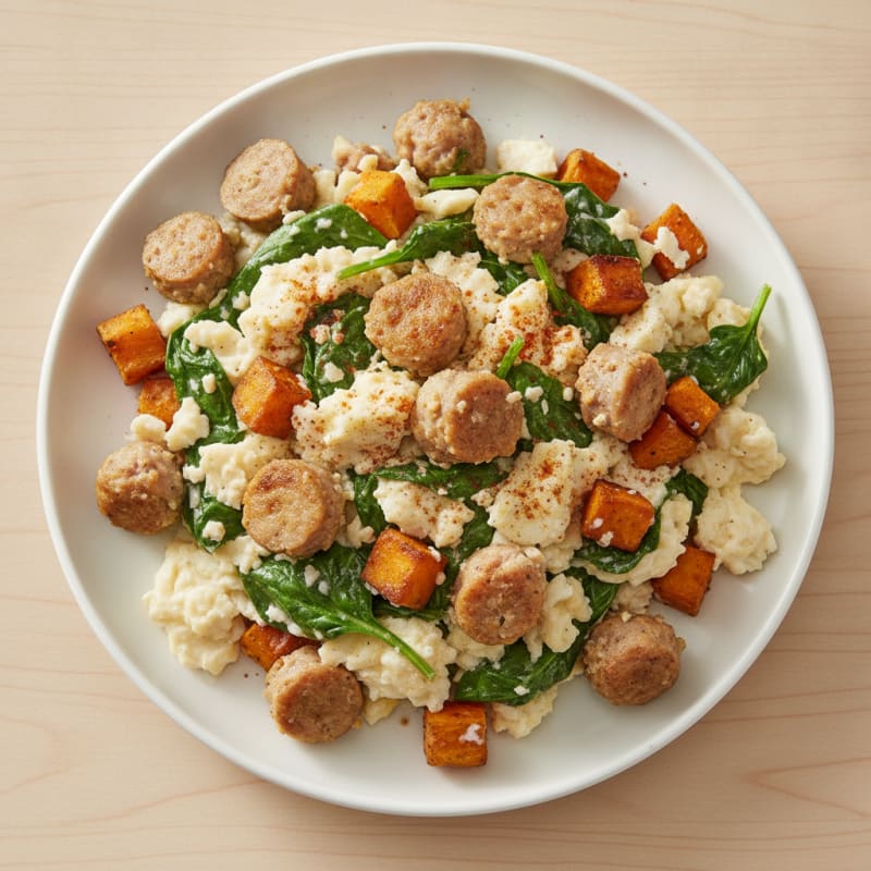 Egg White and Turkey Sausage Scramble with Spinach and Sweet Potato