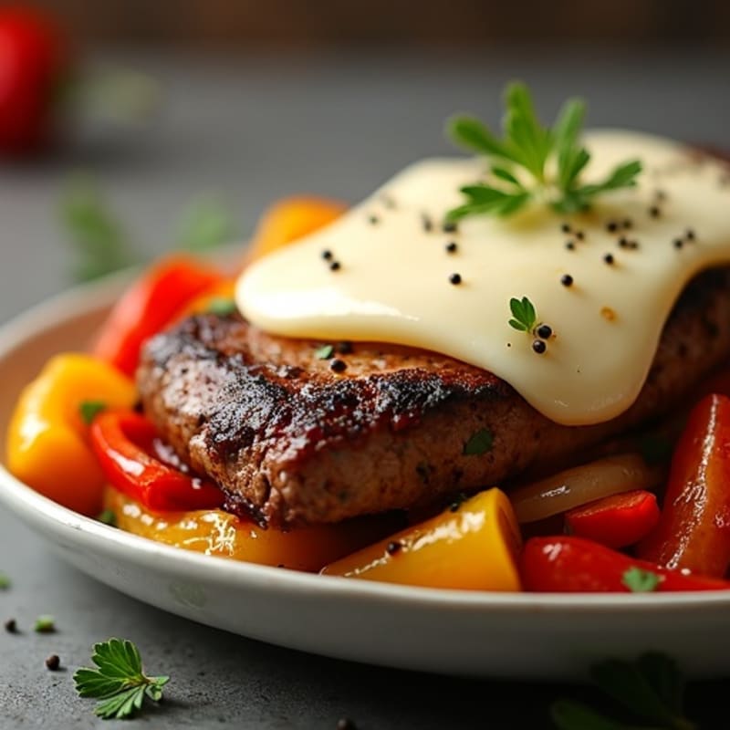 Skillet Seared Lean Steak with Sautéed Peppers, Onions, and Creamy Provolone