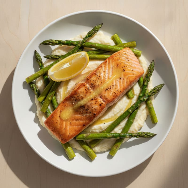 Seared Salmon Filet with Roasted Asparagus and Cauliflower Mash