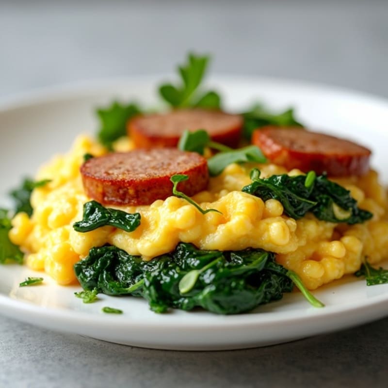 Egg White Scramble with Turkey Sausage and Sautéed Spinach