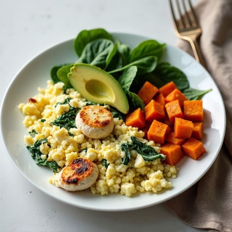 Chicken Egg White Scramble with Spinach and Roasted Sweet Potatoes