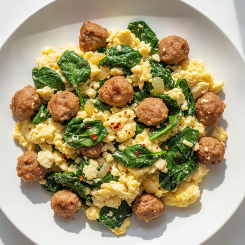 Egg White Scramble with Turkey Sausage and Sautéed Spinach