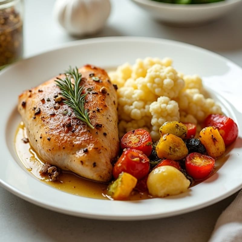 Herb-Roasted Chicken with Lemon Garlic Riced Cauliflower and Roasted Vegetables