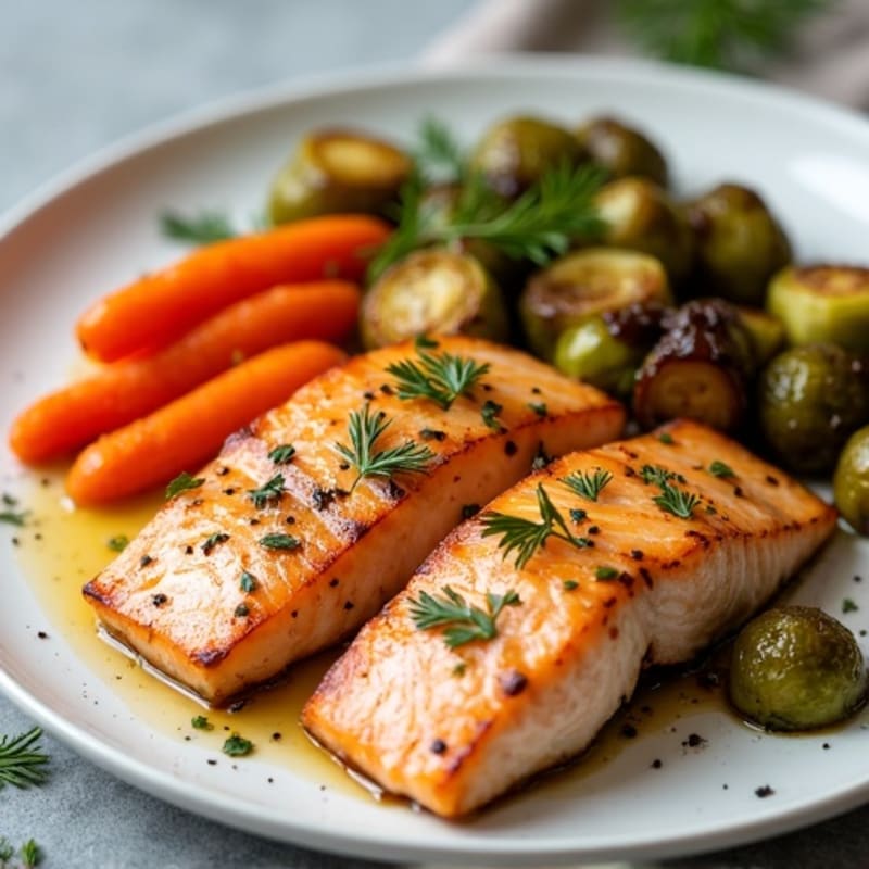 Lemon Herb Roasted Salmon with Maple Glazed Carrots and Crispy Brussels Sprouts