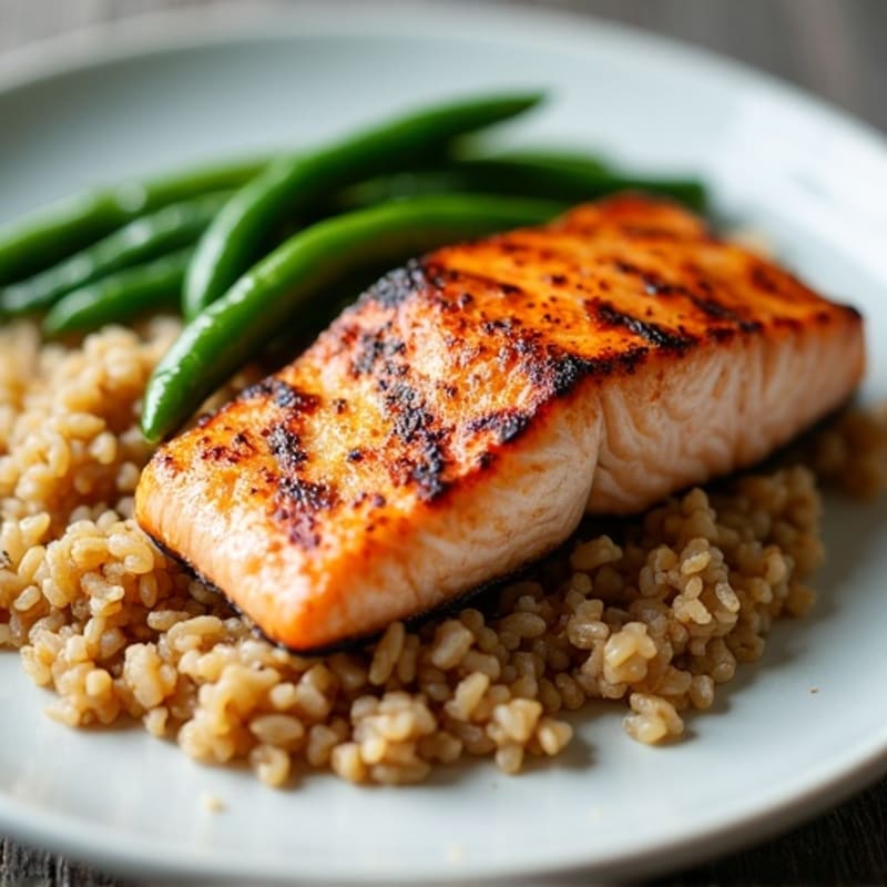 Seared Salmon with Garlic Green Beans and Brown Rice