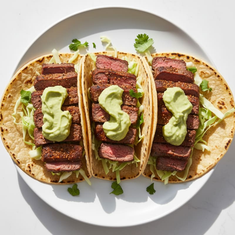 Pan-Seared Steak Tacos with Avocado Crema