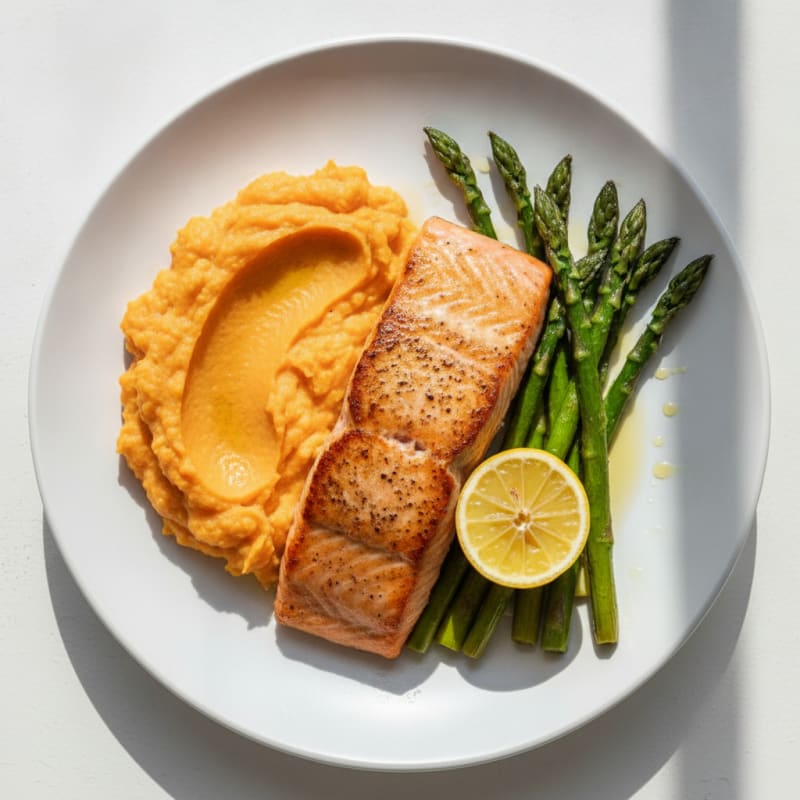 Seared Salmon with Roasted Asparagus and Sweet Potato Mash
