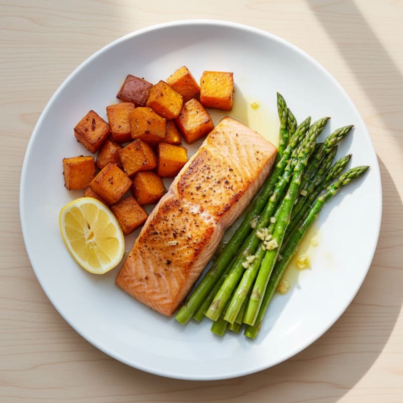 Seared Salmon with Roasted Sweet Potato and Asparagus