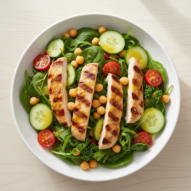 Grilled Chicken Breast Salad with Mixed Greens and Chickpeas