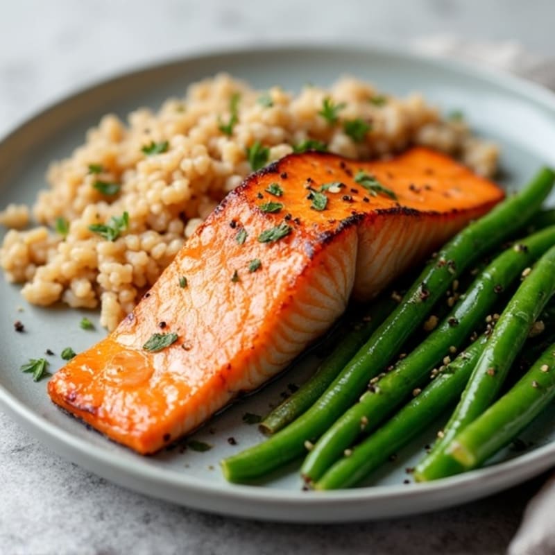 Seared Salmon with Garlic Green Beans and Brown Rice