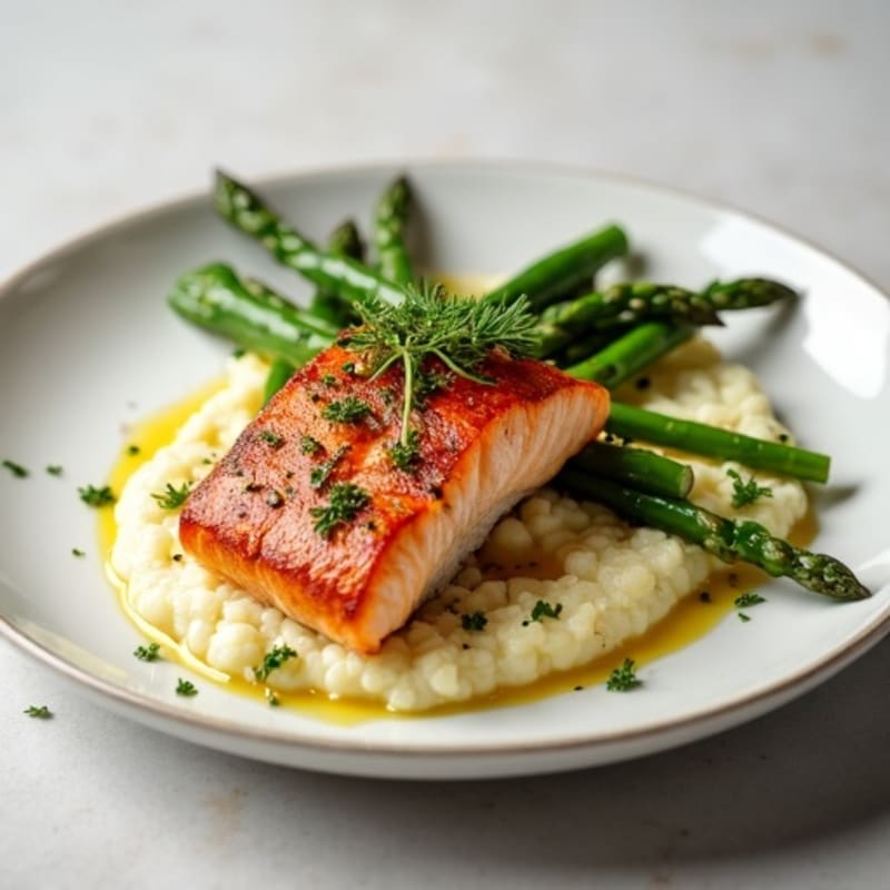 Seared Salmon with Steamed Asparagus and Cauliflower Mash