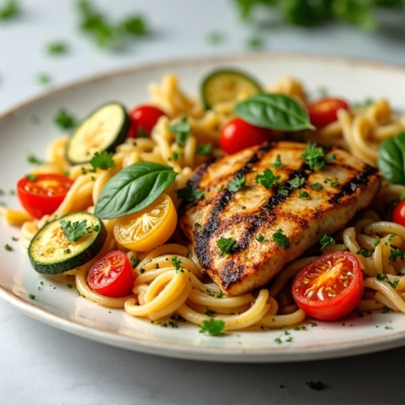 Healthy Pesto Chicken with Whole Wheat Pasta and Roasted Vegetables