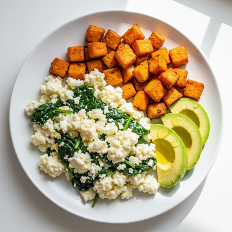 Cottage Cheese Scramble with Spinach and Roasted Sweet Potato