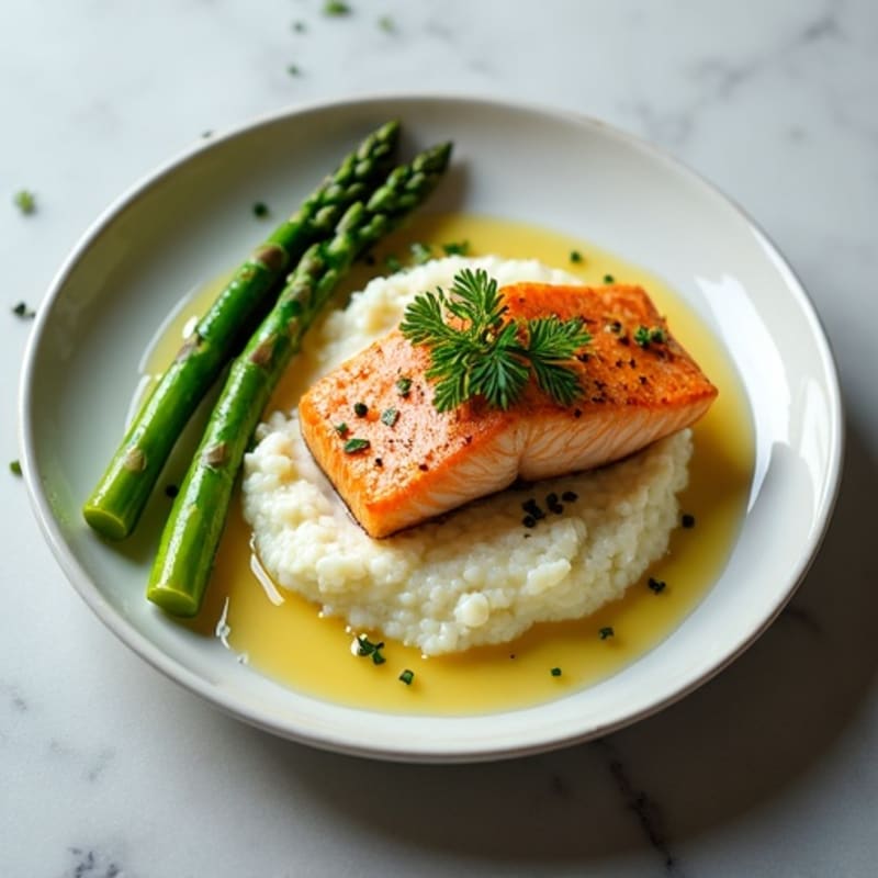 Seared Salmon with Steamed Asparagus and Cauliflower Mash