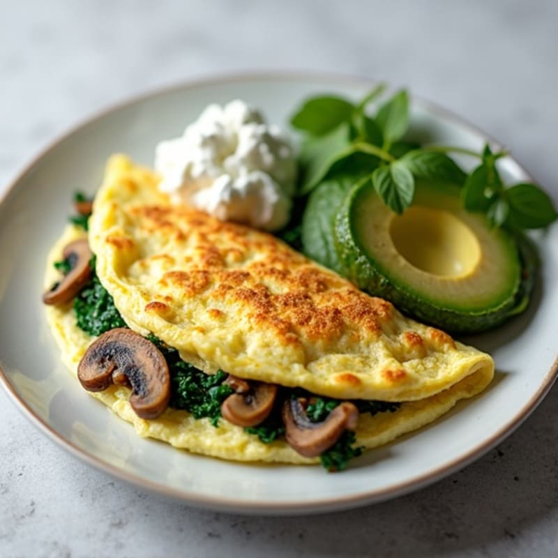 Egg White Spinach Omelette with Cottage Cheese and Sautéed Mushrooms