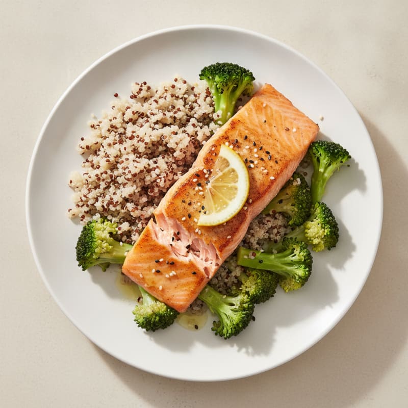 Seared Salmon with Steamed Broccoli and Quinoa