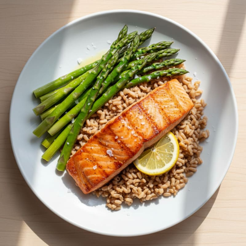 Seared Salmon with Steamed Asparagus and Brown Rice