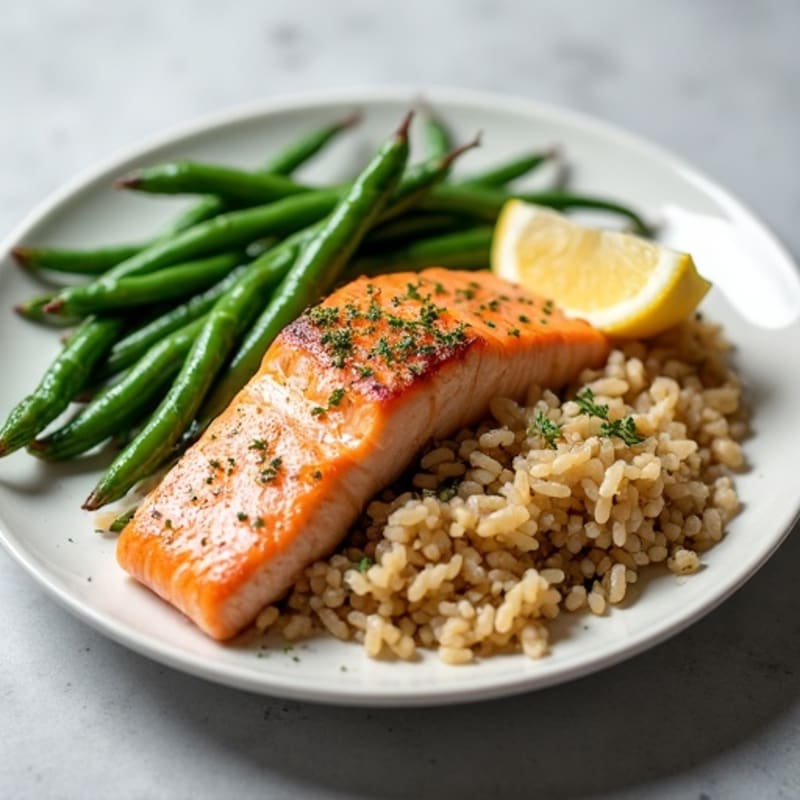 Seared Salmon with Garlic Green Beans and Brown Rice