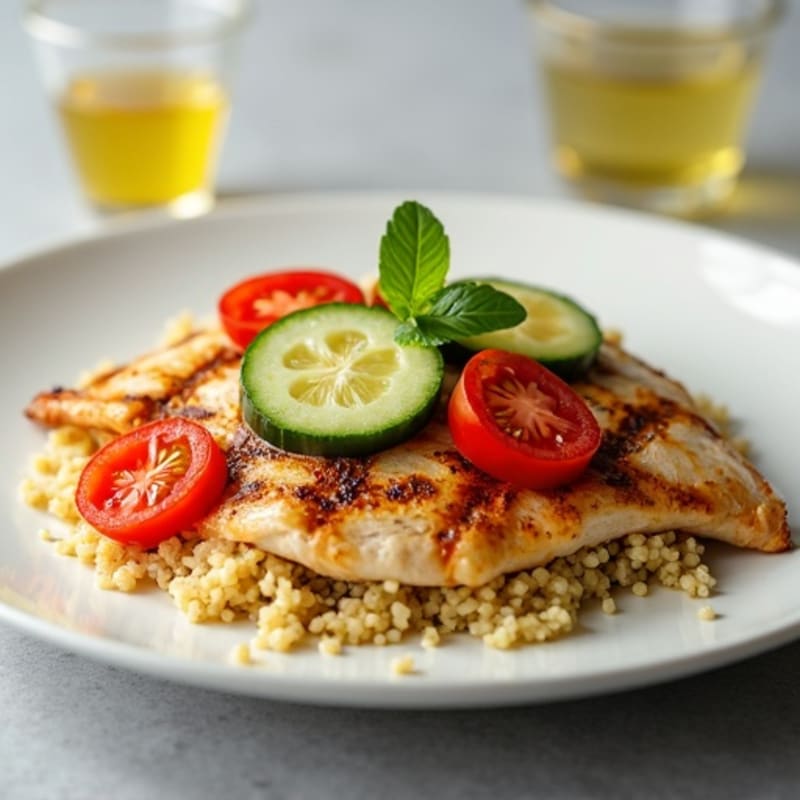 Grilled Chicken Breast with Quinoa and Fresh Tomato Cucumber Salad